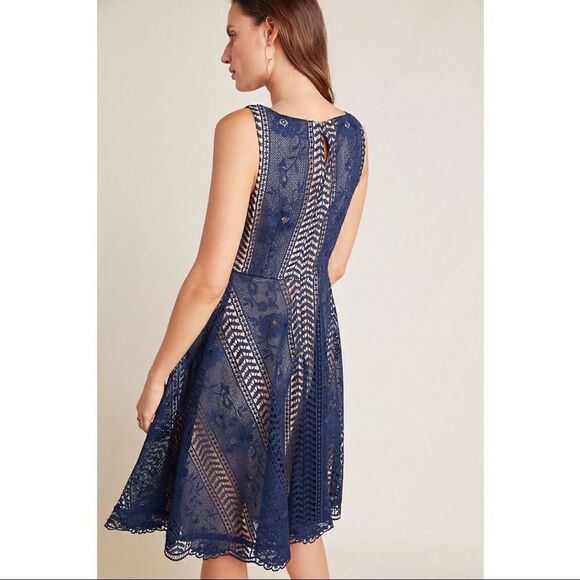 NEW Anthropologie Georgia Navy Blue Romantic Lace Overlay Mini Dress Size 10 - Picture 2 of 4